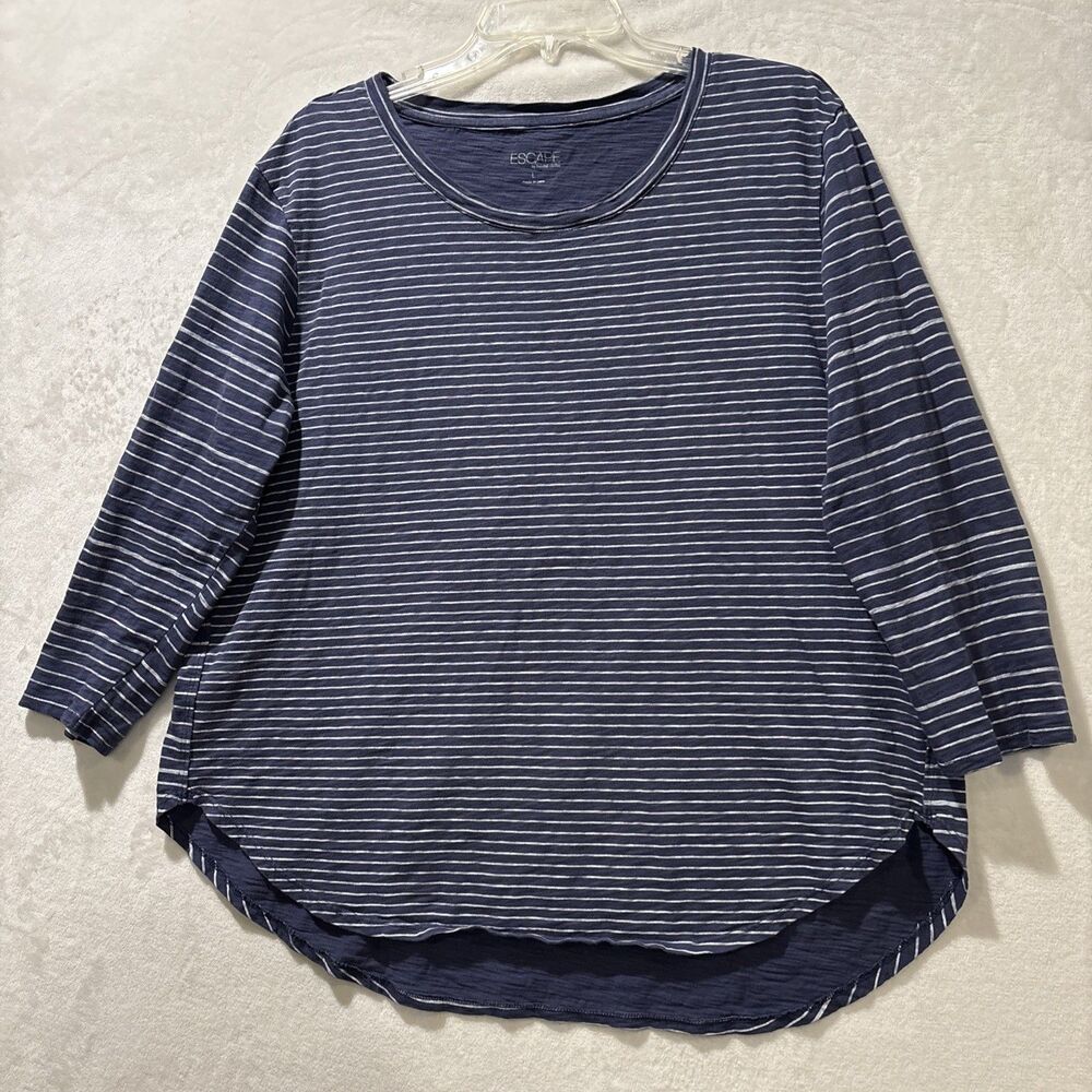 Escape by Habitat Blue Striped Cotton Slub 3/4 Sleeve Top Women's Large Casual